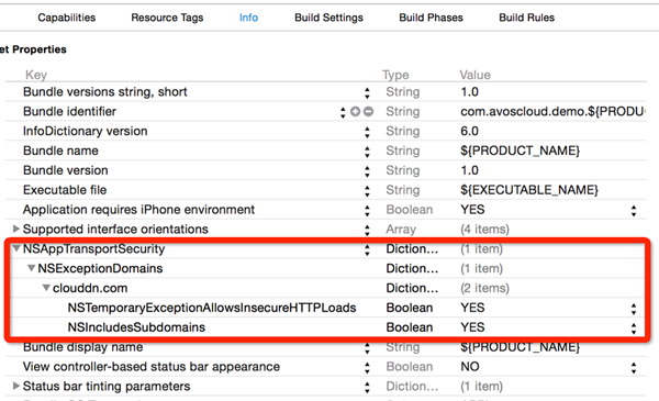 在「NSAppTransportSecurity &gt; NSExceptionDomains &gt; clouddn.com」下面分别添加「NSTemporaryExceptionAllowsInsecureHTTPLoads」和「NSIncludesSubdomains」两个 Boolean 字段并将它们的值设为 YES。